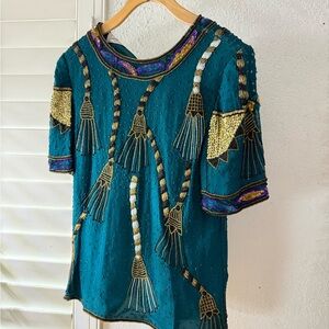 Vintage || Laurence Kazar Teal Top with Gold and Purple Beaded Accents